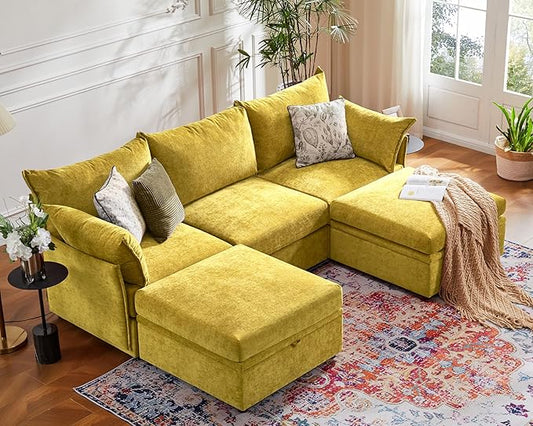 102.6" U Shaped Modular Sectional Sofa, 5 Seater Couch with Storage Ottoman Deep Seat and High Backrest with Removable Cover for Living Room, Apartment - Chenille Yellow-HomvellaHome
