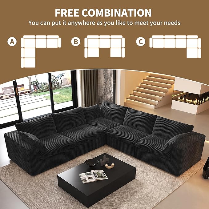 118" V Shaped Corner Modern Sofa Modular Sectional Cloud Couch,Deep Seat Upholstered Couches with Plush Corduroy Fabric for Living Room Furniture,Bedroom and Apartment,No Assembly Required,Black-HomvellaHome