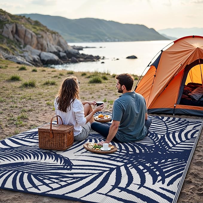 GENIMO Outdoor Rug 5' x 8' Waterproof for Patio Clearance, Reversible Plastic Straw Camping Carpet, Lightweight Mats for Rv, Backyard, Deck, Porch, Picnic, Beach, Balcony, Blue & White-HomvellaHome