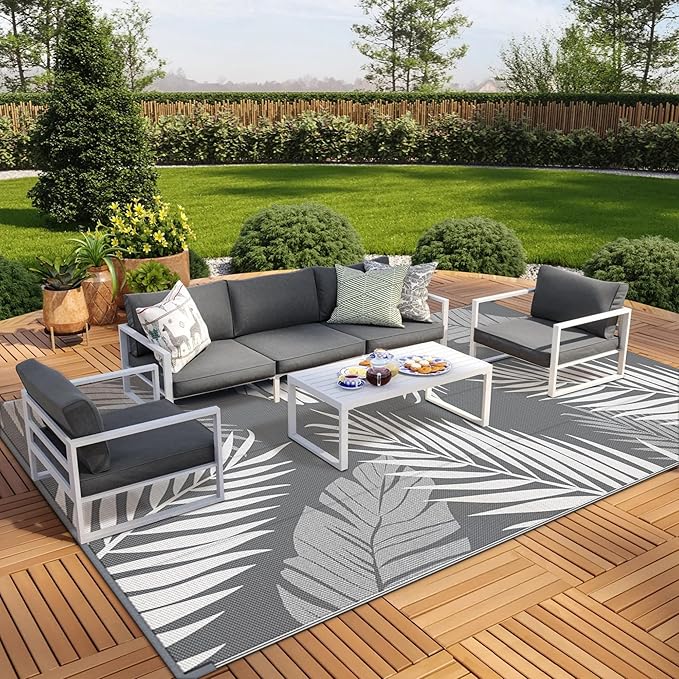 GENIMO Outdoor Rug 9' x 18' Waterproof for Patios Clearance, Reversible, Plastic Straw Camping Rug Carpet, Large Area Rugs Mats for RV, Picnic, Backyard, Deck, Balcony, Porch, Beach, Grey&White-HomvellaHome