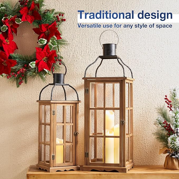 Glitzhome Set of 2 Oversized Farmhouse Wood Lanterns with Metal Top Decorative Hanging Candle Lanterns for Home Décor, Natural (No Glass)-HomvellaHome