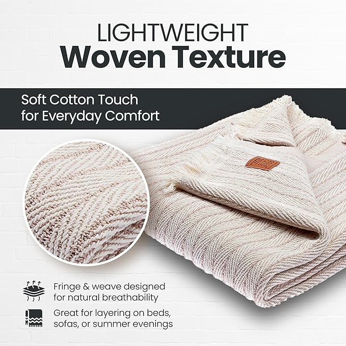 Gold Case Throw Blanket for Couch – 100% Recycled Turkish Cotton Blankets & Throws – Elegant Decorative Throw Blankets for Living Room Sofa – Woven Throws for Couch – Vintage Beige – 50x60-HomvellaHome