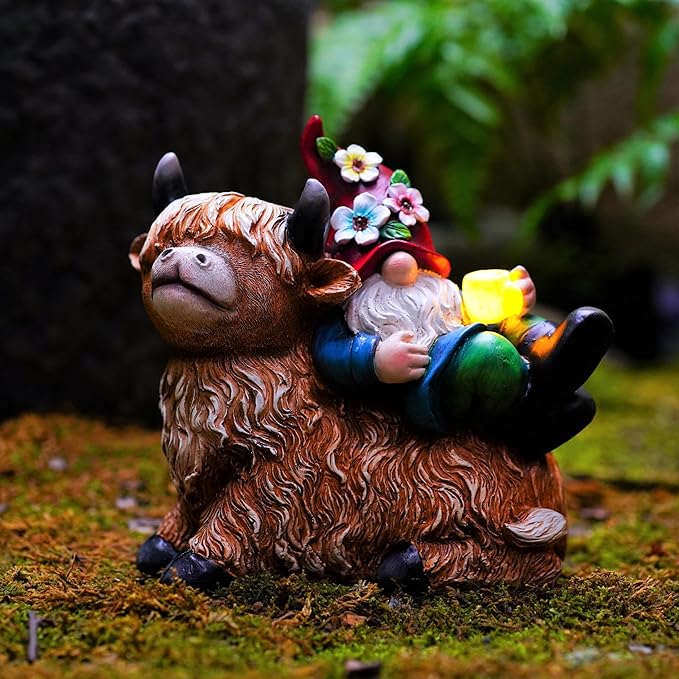 Garden Gnomes Decor Outdoor Statues Gnome on Highland Cow Hold Solar Cup Light Outdoor Decorations for Patio,Yard and Gift for Mom-HomvellaHome