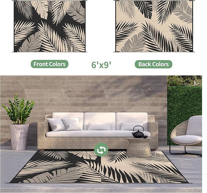 GENIMO Outdoor Rug 6' x 9' Waterproof for Patios Clearance, Reversible Outdoor Plastic Straw Camping Rug Carpet, Large Area Rugs Mats for RV, Camper, Deck, Balcony, Porch, Beach, Picnic, Black&Beige-HomvellaHome