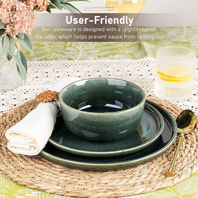GBHOME Ceramic Dinnerware Sets for 6, 18 Pieces Stoneware Plates and Bowls Sets, Reactive Glaze Dishes -Scratch Resistant, Dishwasher&Microwave Safe, Earth Green-HomvellaHome