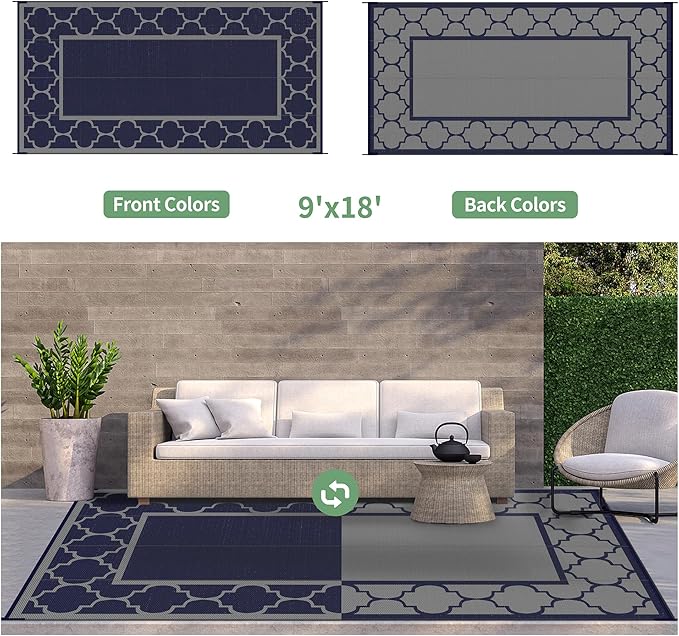 GENIMO 9 ' x 18 ' Outdoor Rug Waterproof for Patio Decor, Foldable Reversible Plastic Straw Area Rugs Mat for Camper, Outside Carpet for Rv, Deck, Porch, Picnic, Beach, Balcony, Blue & Grey-HomvellaHome