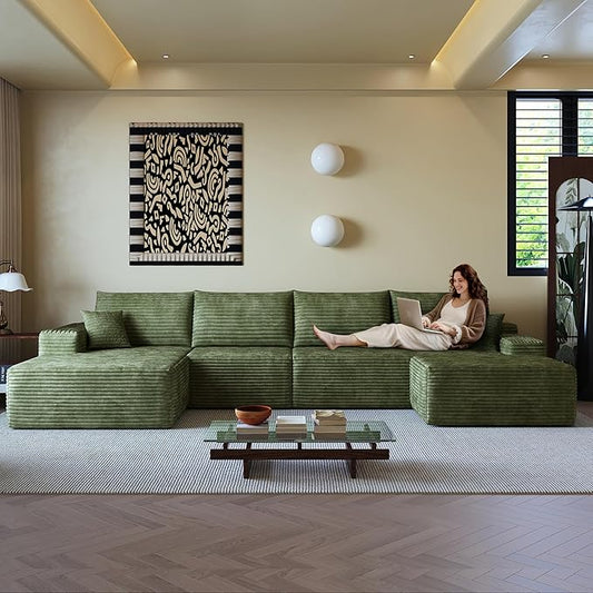 108" Sectional Couches for Living Room Modern Modular Sofa with L-Shape Couchs Upholstered Boneless Couch Deep Seat Sectional Couch with Chaise (Green, Left Facing Chaise+3Seaters+Ottoman)-HomvellaHome