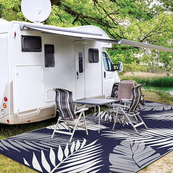 GENIMO Outdoor Rug 9' x 18' Waterproof for Patios Clearance, Reversible Outdoor Plastic Straw Camping Rug Carpet, Large Area Rugs Mats for RV, Camper, Deck, Balcony, Porch, Beach, Navy Blue&White-HomvellaHome