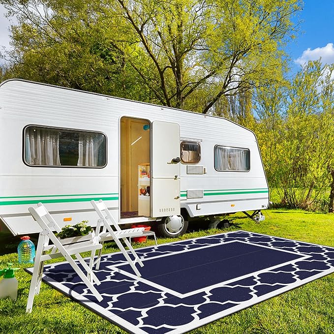 GENIMO 10' x 14' Outdoor Rug Waterproof for Patio, Foldable Reversible Plastic Straw Area Rugs Mat for Rv Decor, Outside Carpet for Camper, Deck, Picnic, Beach, Balcony, Porch, Blue & White-HomvellaHome