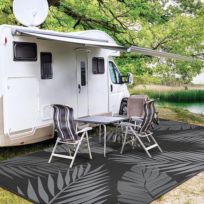 GENIMO Outdoor Rug 10' x 14' Waterproof for Patios Clearance, Reversible Outdoor Plastic Straw Camping Rug Carpet, Large Area Rugs Mats for RV, Camper, Deck, Balcony, Porch, Beach, Picnic, Black&Grey-HomvellaHome