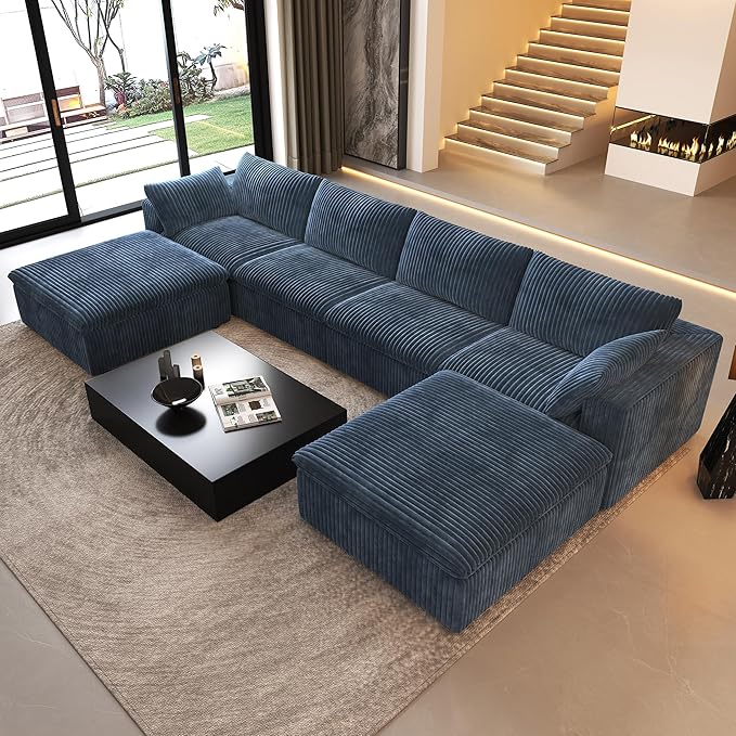 157.5" U Shaped Modern Sofa Modular Sectional Cloud Couch with 2 Ottoman,Deep Seat Upholstered Couches with Corduroy Fabric for Living Room Furniture,Bedroom and Apartment,No Assembly Required,Blue-HomvellaHome