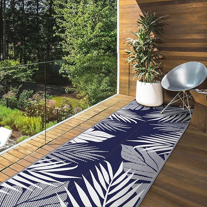 GENIMO Outdoor Rug 2.5' x 8' Waterproof for Patios Clearance, Reversible Outdoor Plastic Straw Camping Rug Carpet, Large Area Rugs Mats for RV, Camper, Deck, Balcony, Porch, Beach, Navy Blue&White-HomvellaHome