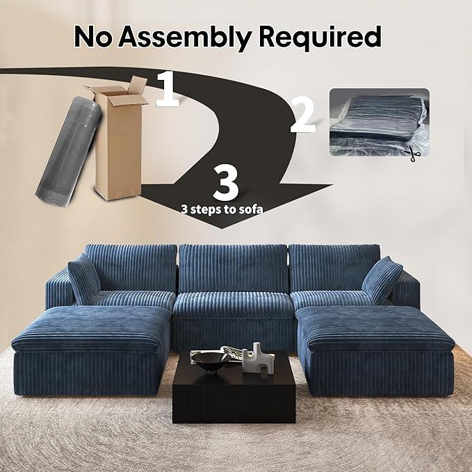 118" U Shaped Modern Sofa Modular Sectional Cloud Couch with 2 Ottoman,Upholstered Couches with Plush Corduroy Fabric for Living Room Furniture,Bedroom and Apartment,No Assembly Required,Blue-HomvellaHome