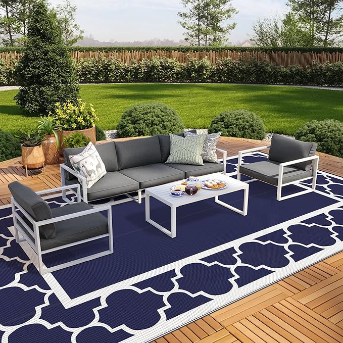 GENIMO 10 ' x 20 ' Outdoor Rug Waterproof for Patio Decor, Foldable Reversible Plastic Straw Area Rugs Mat for Camper, Outside Carpet for Rv, Deck, Porch, Picnic, Beach, Balcony, Blue & White-HomvellaHome