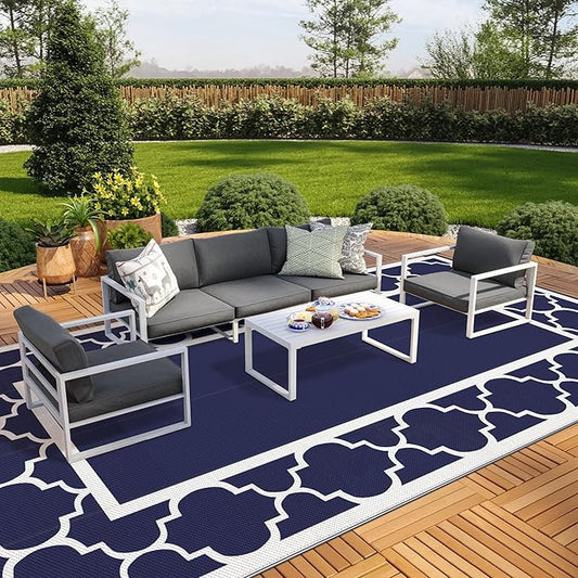 GENIMO 10 ' x 20 ' Outdoor Rug Waterproof for Patio Decor, Foldable Reversible Plastic Straw Area Rugs Mat for Camper, Outside Carpet for Rv, Deck, Porch, Picnic, Beach, Balcony, Blue & White-HomvellaHome