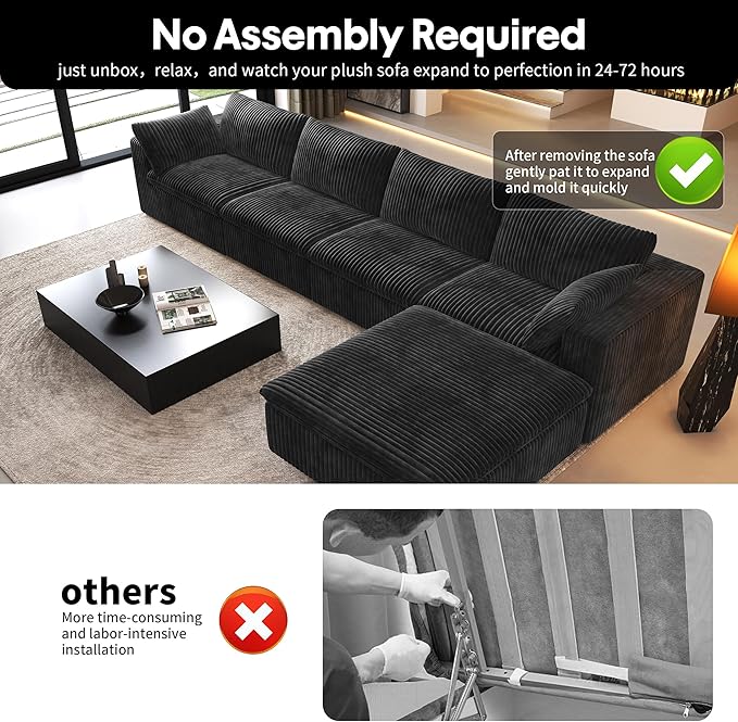 157.5" L Shaped Modern Sofa Modular Sectional Cloud Couch with Ottoman,Deep Seat Upholstered Couches with Corduroy Fabric for Living Room Furniture,Bedroom and Apartment,No Assembly Required,Black-HomvellaHome