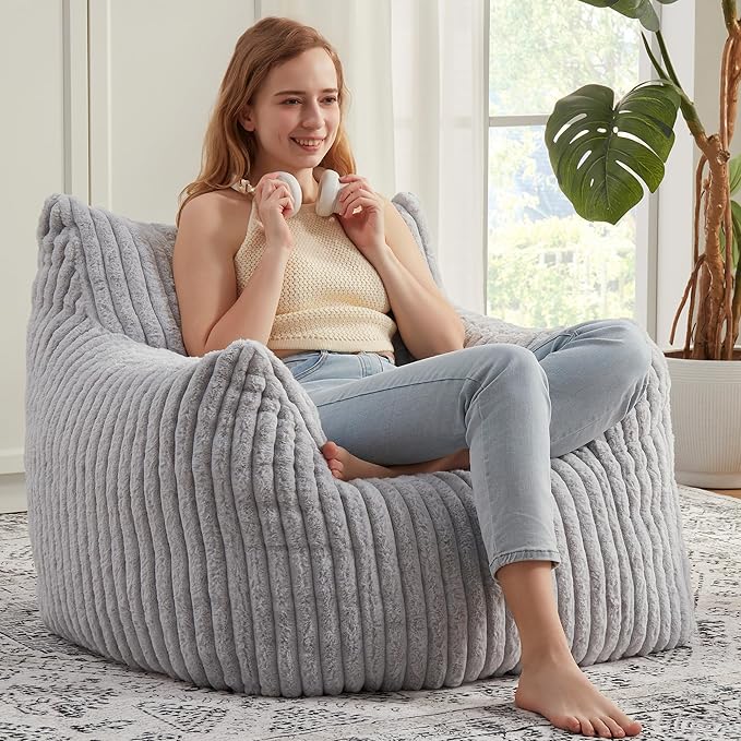 Giant Bean Bag Chairs for Adults with Filling Plush Fluffy Bean Bag Chairs for Teens with Armrests Comfy BeanBag Lazy Couch Sofa Chair for Bedroom Living Room Reading-HomvellaHome