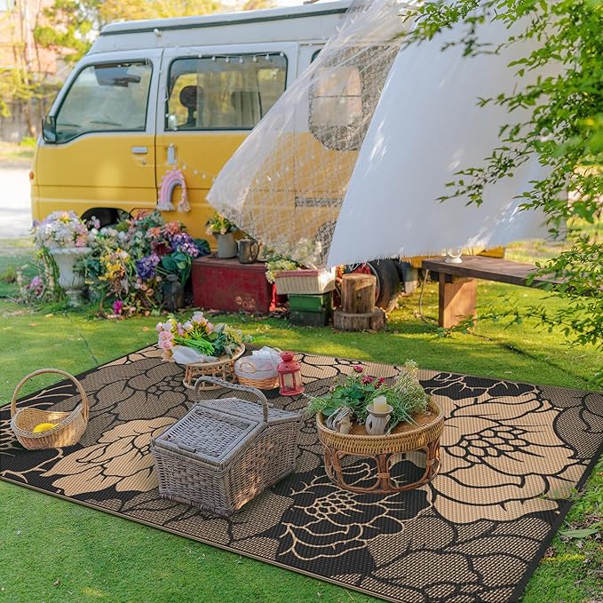 GENIMO Outdoor Rug Waterproof for Patio Decor, 8' x 10' Reversible Plastic Straw Floral Camping Carpet, Large Area Rugs Mats for RV, Camper, Deck, Balcony, Porch, Beach, Picnic, Mix-Black & Brown-HomvellaHome