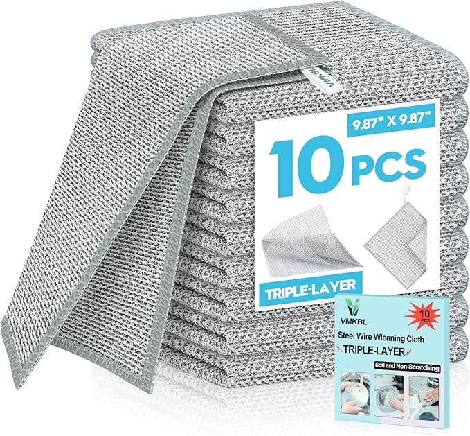 10 Pcs New Upgraded 3 Layers Non Scratch Wire Dishcloth, Multipurpose Wire Dishwashing Rags, Wet & Dry for Cookware, Sinks, Dishes, Stoves & Fireplaces 9.87“ x 9.87”-HomvellaHome