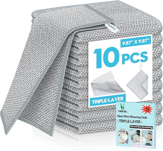 10 Pcs New Upgraded 3 Layers Non Scratch Wire Dishcloth, Multipurpose Wire Dishwashing Rags, Wet & Dry for Cookware, Sinks, Dishes, Stoves & Fireplaces 9.87“ x 9.87”-HomvellaHome