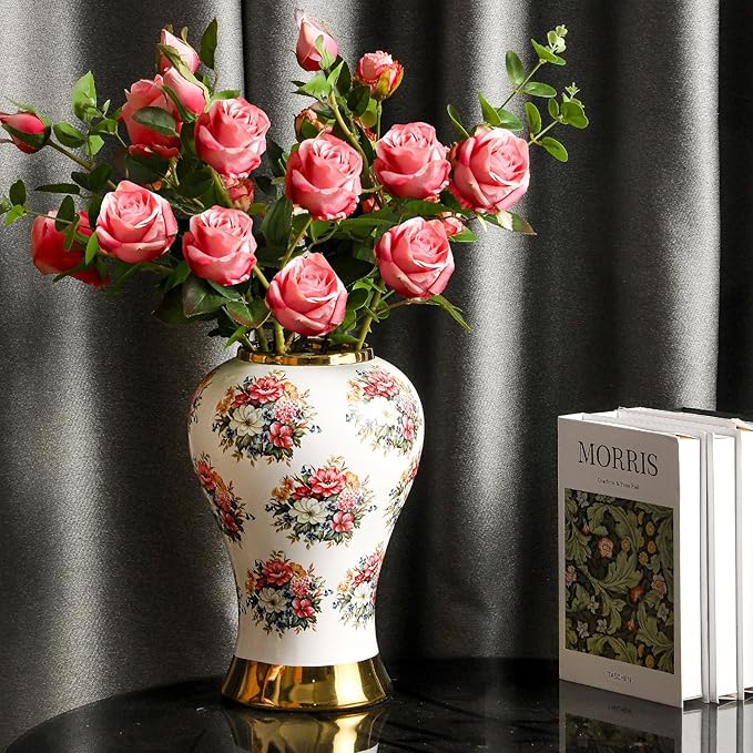 Ginger Jars for Home Decor, White Gold Ceramic Vase with Colorful Floral Pattern, Handmade Decorative Flower Vase with Lid for Home, Kitchen, Office, Table, Bookshelf, Mantle Fireplace,(12in)-HomvellaHome