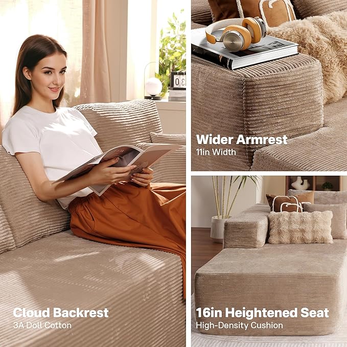 104" Cloud Sectional Couches for Living Room,L Shaped Boneless Couch in A Box,Sleeper Sofa with Comfy Chaise No Assembly Required,Camel-HomvellaHome