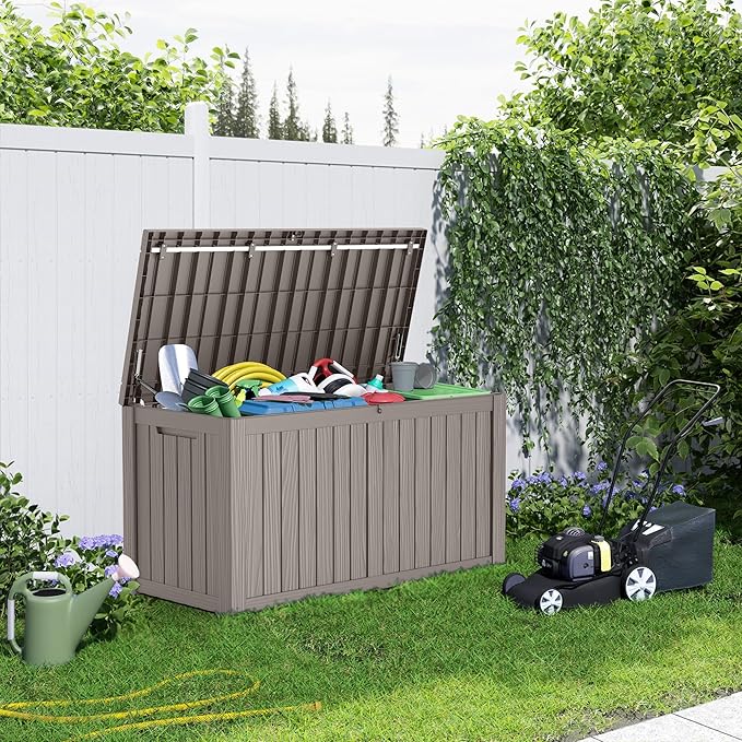 150 Gallon Resin Deck Box, Lockable Patio Outdoor Storage Box for Furniture, Garden Tools and Tools Storage, Waterproof Outside Storage Boxes - Grey-HomvellaHome