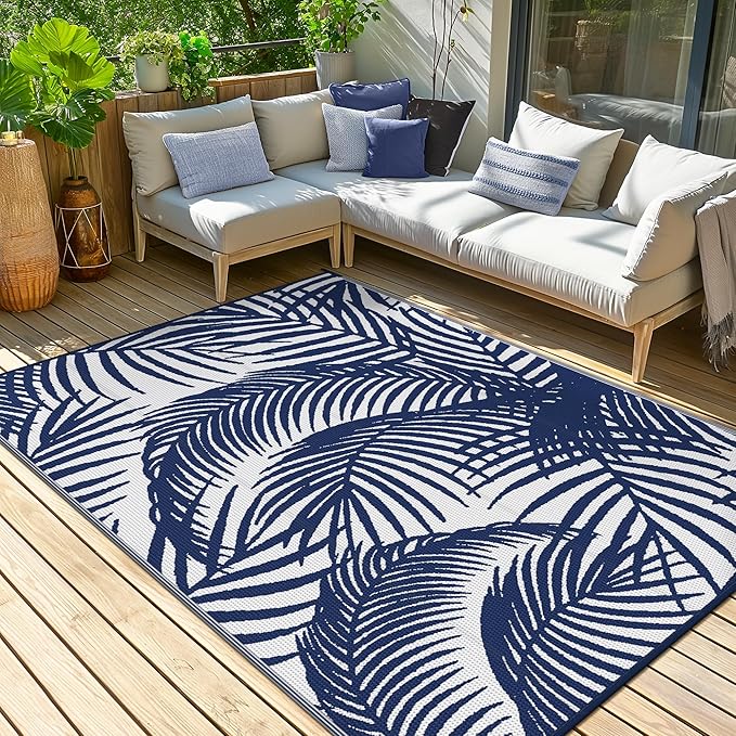 GENIMO Outdoor Rug 5' x 8' Waterproof for Patio Clearance, Reversible Plastic Straw Camping Carpet, Lightweight Mats for Rv, Backyard, Deck, Porch, Picnic, Beach, Balcony, Blue & White-HomvellaHome