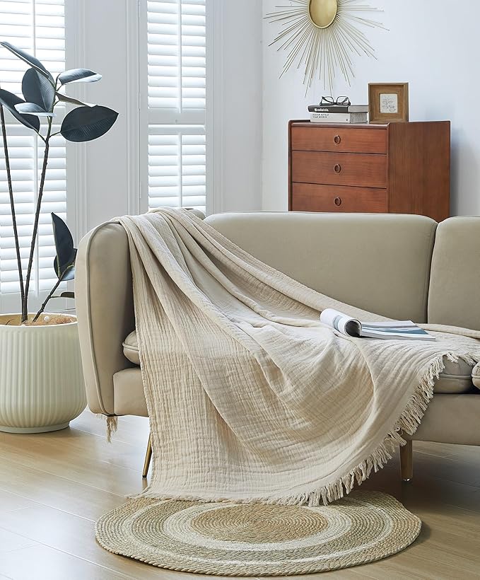 100% Cotton Muslin Throw Blanket for Bed, Couch, Small, Decorative, Soft, Pre-Washed, Breathable and Lightweight Gauze Blanket with Tassels, Suitable for All Seasons, Beige, 50"x60"-HomvellaHome
