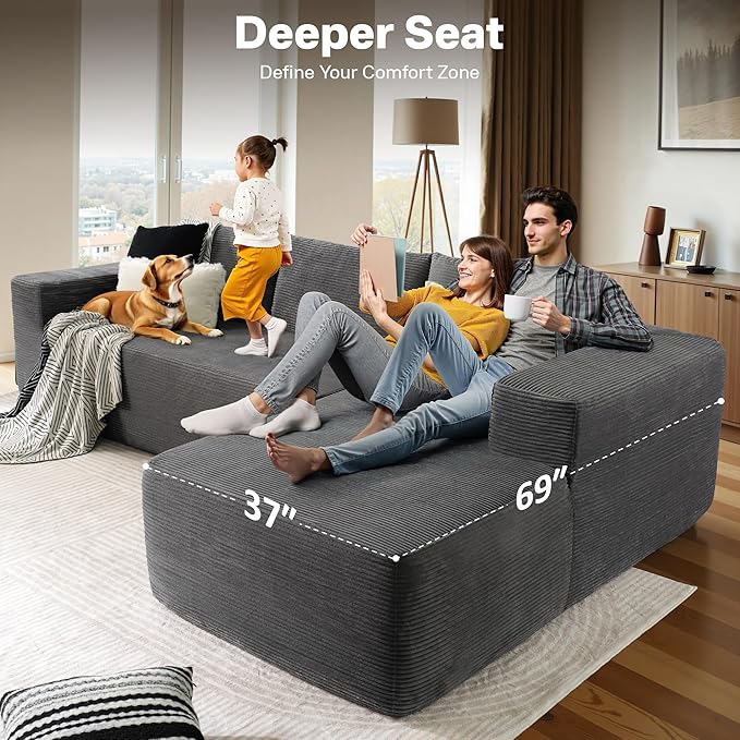 104" Cloud Sectional Couches for Living Room,L Shaped Boneless Couch in A Box,Sleeper Sofa with Comfy Chaise No Assembly Required,Grey-HomvellaHome