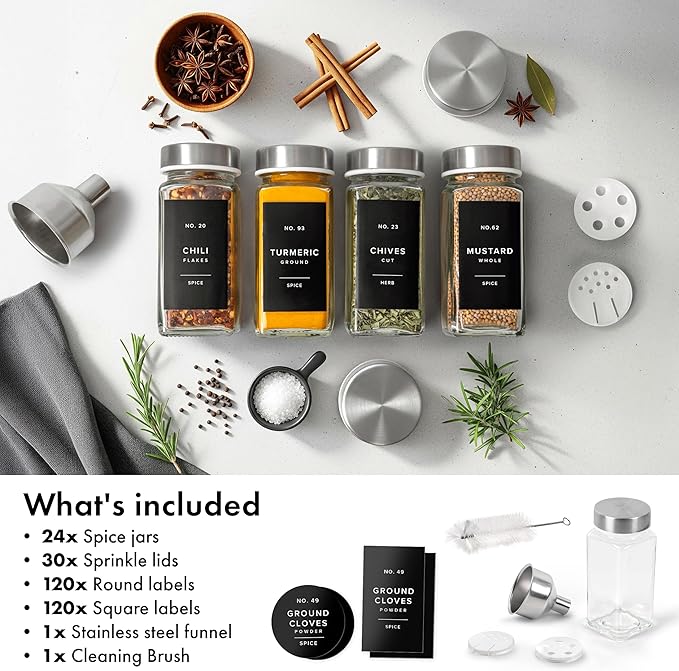 Glass Spice Jars with Labels and Steel Lids (24 x 4oz) Spice Containers with 240 Label, Steel Funnel, Shaker Inserts, Empty Square Seasoning Organizer for Spice Rack, Cabinet, Drawer-HomvellaHome