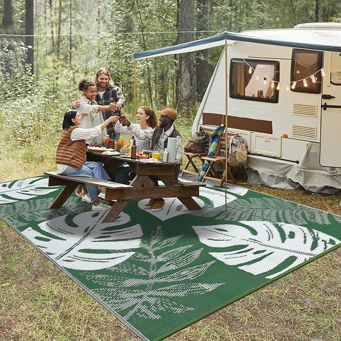 GAOMON Waterproof Plastic Straw Rug 9x12 Outdoor Patio Rug, Reversible Modern Camping Mat with Bag & Stakes, UV Resistant & Easy to Clean Outdoor Carpet for RV, Deck, Balcony, Green-HomvellaHome