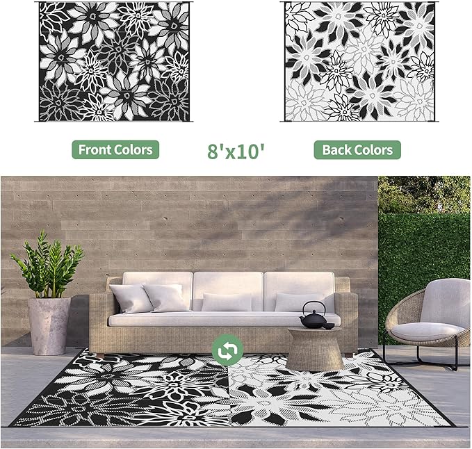 GENIMO Outdoor Rug Waterproof for Patio Decor, 8' x 10' Reversible Plastic Straw Floral Camping Carpet, Large Area Rugs Mats for RV, Camper, Deck, Balcony, Porch, Beach, Picnic, Black & White-HomvellaHome