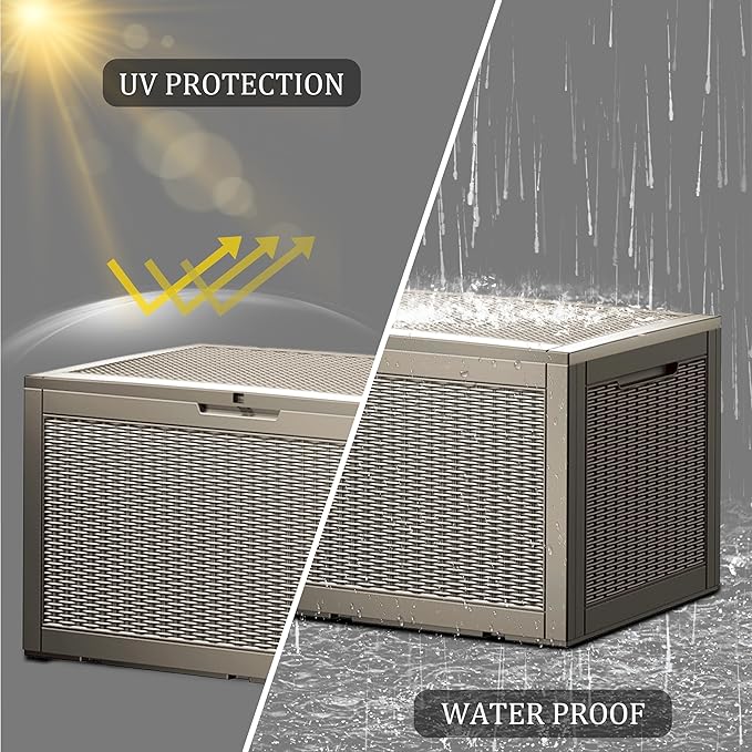100 Gallon Lockable Resin Deck Box, Waterproof & UV-Resistant Outdoor Storage Box for Outdoor Cushion Storage, Garden Tools & Pool Accessories Storage, Gray-HomvellaHome