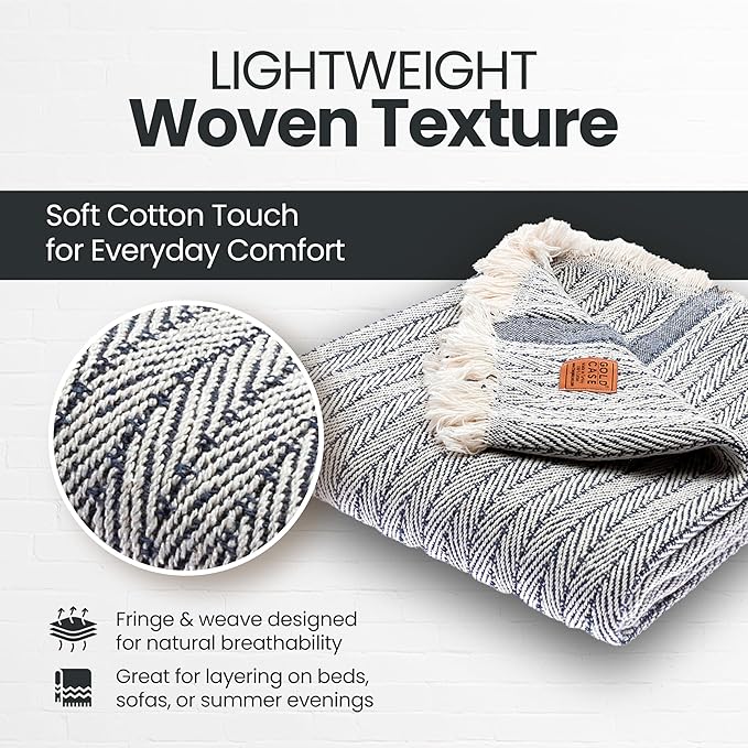 Gold Case Throw Blanket for Couch – 100% Recycled Turkish Cotton Blankets & Throws – Elegant Decorative Throw Blankets for Living Room Sofa – Woven Throws for Couch – Vintage Navy Blue – 60x80-HomvellaHome