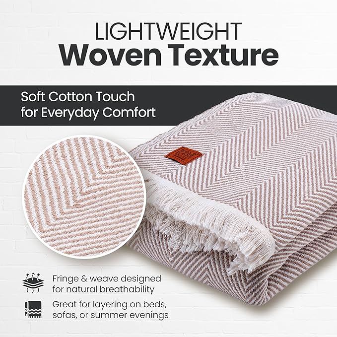 Gold Case Throw Blanket for Bed – 100% Recycled Turkish Cotton Bed Blanket – Decorative Throw Cotton Blankets for Living Room & Bedroom – Woven Twin Blankets - 71x90 - Elegant Beige-HomvellaHome