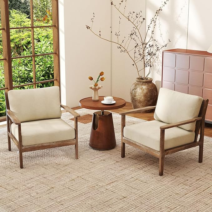 Giantex Mid Century Modern Accent Chair, Wooden Arm Chair w/Solid Wood Frame, Removable Seat Cushion & Pillow, Vintage Comfy Reading Chair for Living Room, Bedroom, Study-HomvellaHome