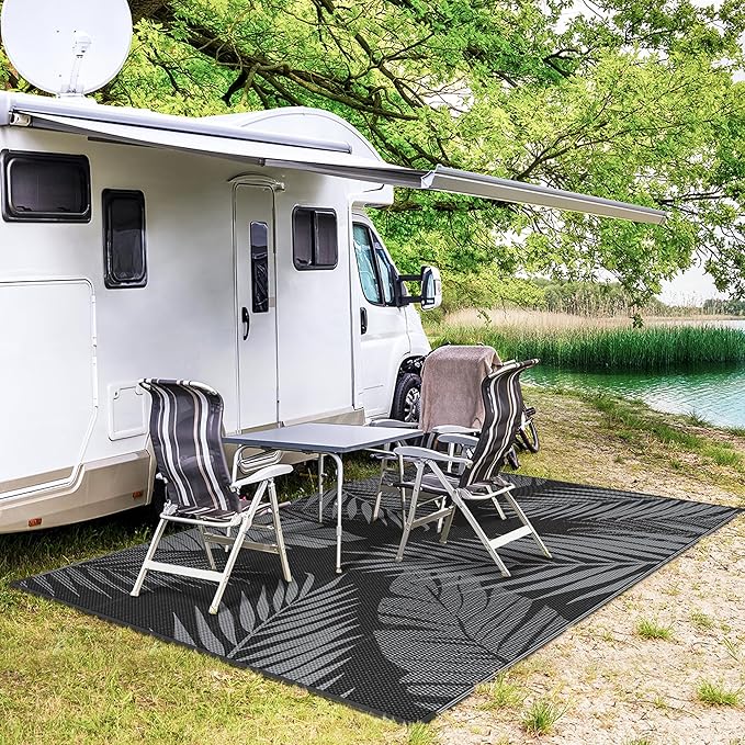 GENIMO Outdoor Rug 5' x 8' Waterproof for Patios Clearance, Reversible Outdoor Plastic Straw Camping Rug Carpet, Large Area Rugs Mats for RV, Picnic, Backyard, Deck, Balcony, Porch, Beach, Black&Grey-HomvellaHome