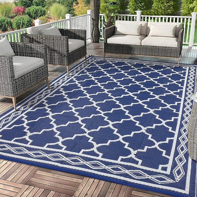 GAOMON Outdoor Rug 9'x12' Waterproof Rug for Patio Decor, Foldable Reversible Plastic Straw Area Rugs Mat for Camper, Outside Carpet for Deck, Porch, Picnic, Beach, Navy/White(Geometric)-HomvellaHome