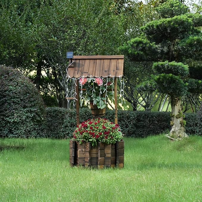 Garden Wooden Decor Rustic Wishing Well with Light Planter Outdoor Home Décor for Patio, Upgrade Wishing Well Garden, Yard Hanging Bucket Patio Lawn Backyard Home Decor-HomvellaHome