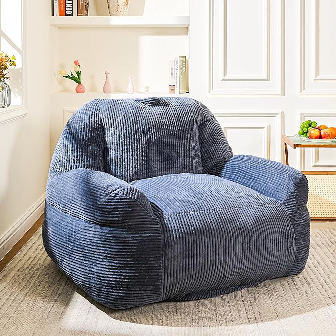 Giant Bean Bag Chair, Faux Fur Bean Bag Chair for Adults, Fluffy and Comfy Bean Bags with Filler, Big Bean Bag Sofa Chair for Reading, Gaming, Stuffed High-Density Foam, Grey-HomvellaHome
