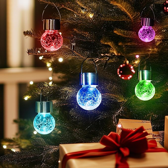 GIGALUMI 16 Pack Solar Hanging Lights for Christmas Decoration - Cracked Glass Solar Lights Outdoor Waterproof for Garden, Yard, Fence, Tree (Color Changing)-HomvellaHome