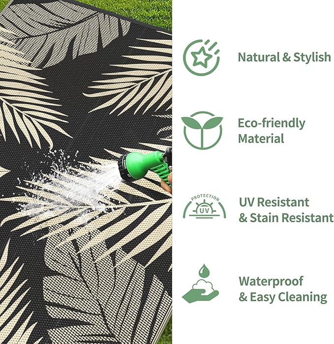 GENIMO Outdoor Rug 9' x 12' Waterproof for Patios Clearance, Reversible Outdoor Plastic Straw Camping Rug Carpet, Large Area Rugs Mats for RV, Camper, Deck, Balcony, Porch, Beach, Picnic, Black&Beige-HomvellaHome
