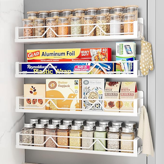16.9 Inch Wide Large Capacity Magnetic Spice Rack for Refrigerator, 4 Pack Metal Fridge Shelf, White-HomvellaHome