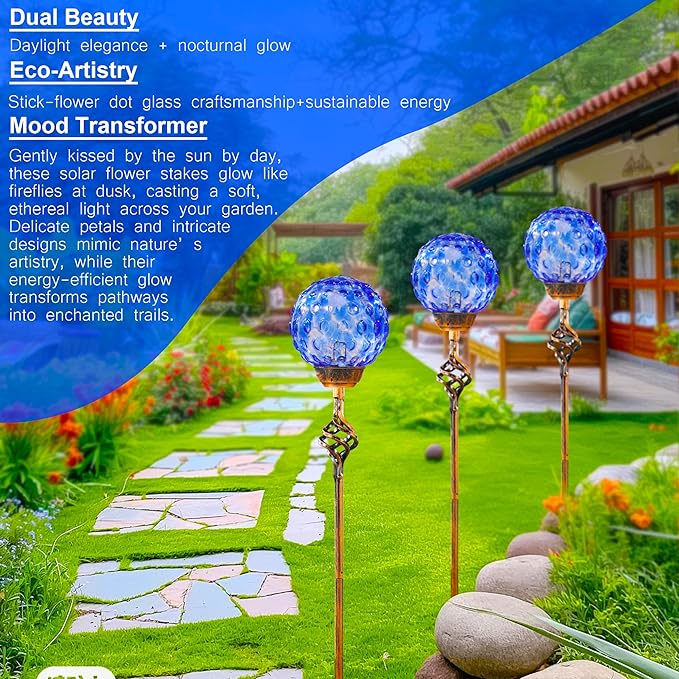Garden Solar Lights, Decorative LED Honeycomb Glass Ball Garden Stake, Glass and Metal Outdoor Decoration, 4 x 31 Inch (Dark Blue)-HomvellaHome
