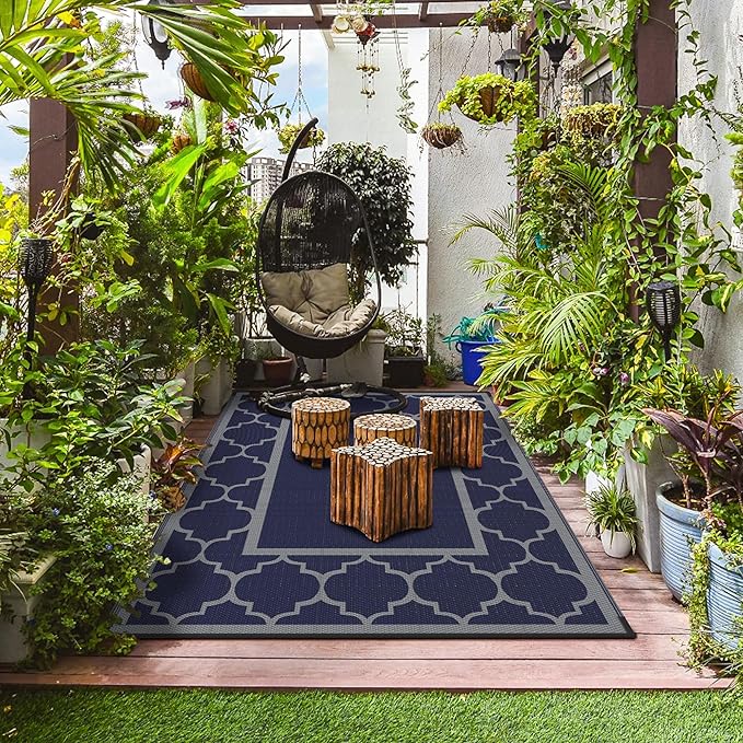 GENIMO 6' x 9' Outdoor Rug Waterproof for Patio Decor, Foldable Reversible Plastic Straw Area Rugs Mat for Camper, Outside Carpet for Rv, Deck, Porch, Picnic, Beach, Balcony, Blue & Grey-HomvellaHome