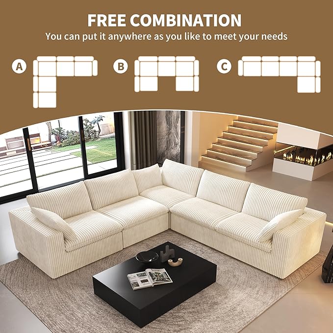 118" V Shaped Corner Modern Sofa Modular Sectional Cloud Couch,Deep Seat Upholstered Couches with Plush Corduroy Fabric for Living Room Furniture,Bedroom and Apartment,No Assembly Required,White-HomvellaHome
