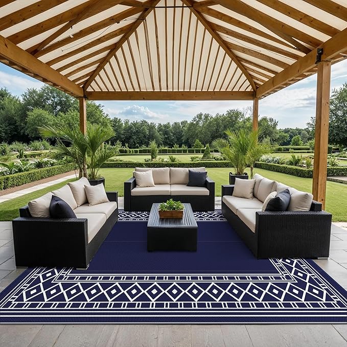 GENIMO Outdoor Rug Waterproof Area 10'x14' for Patio, Foldable Reversible Plastic Straw Carpet for Travel Trailers, Outside Mat for Rv, Deck, Picnic, Porch, Camper, Balcony, Beach, Blue & White-HomvellaHome