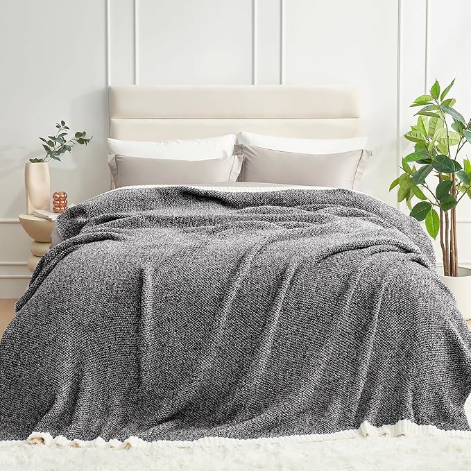 Snuggle Sac Queen Size Bedding Blanket Black, Super Soft Warm Cozy Bed Blankets Oversized Fuzzy Plush Blankets for Bed, Bedroom, Heather Black, 90x90 inches-HomvellaHome