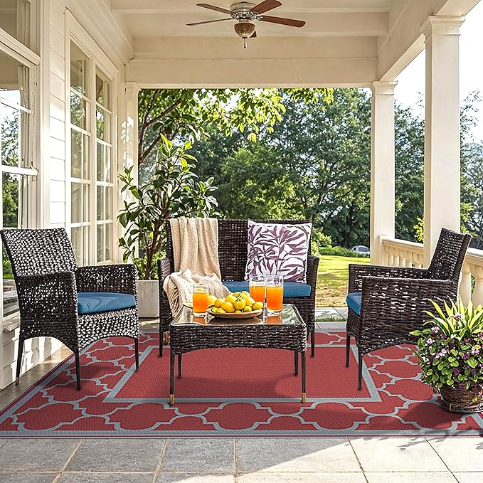 GENIMO 6' x 9' Outdoor Rug Waterproof for Patio Decor, Foldable Reversible Plastic Straw Area Rugs Mat for Camper, Outside Carpet for Rv, Deck, Porch, Picnic, Beach, Balcony, Red & Grey-HomvellaHome